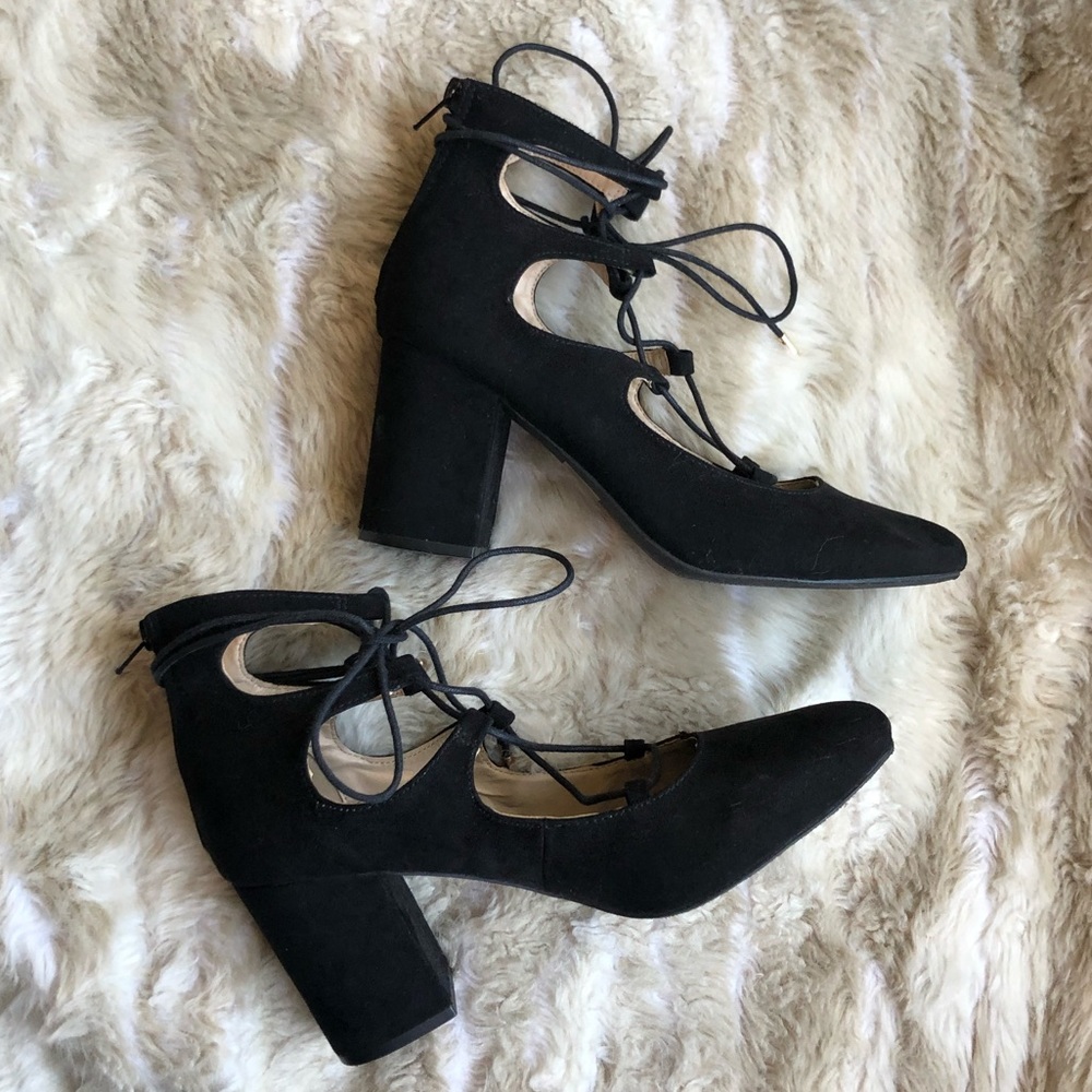 Black lace up block heels Mary Jane